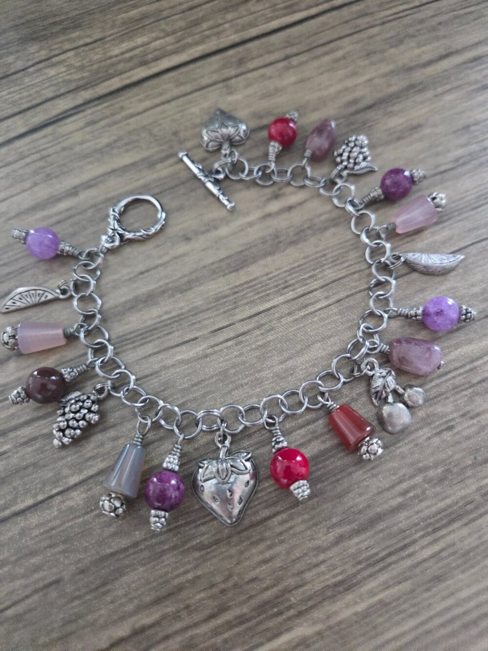 Fruity Silver Charm Bracelet with Gemstone Beads NEW